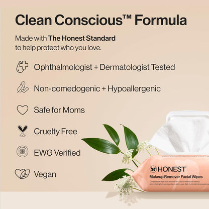 honest beauty fragrance-free makeup remover wipes, 30 count, plant-based, hypoallergenic