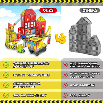 Magnetic Tiles for Kids, 56PCS Construction Magnet Tiles with Fire Truck Station, Building, Road, Crane, Car Truck - STEM Magnetic Blocks for Kids Ages 4-8, Toys for 4 5 Year Old Boys Birthday Gifts