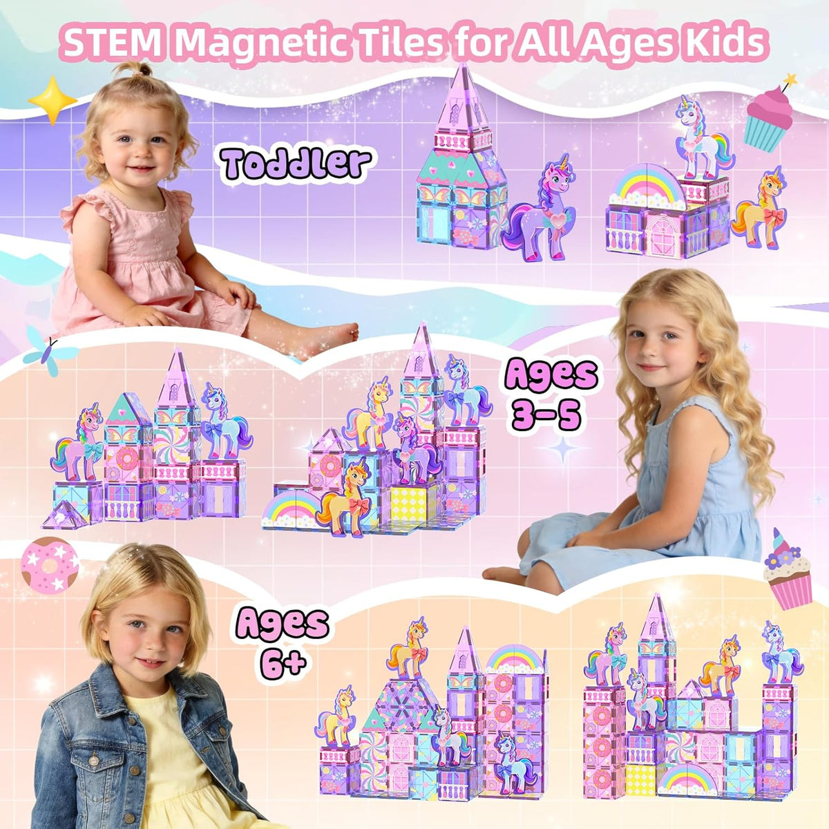 GobiDex 100PCS Unicorn Magnetic Tiles with 6 Unicorns, Princess Castle Unicorn Toys for Girls Age 4-6, Magnetic Building Blocks Toys for 3 4 5 Year Old Girl Birthday Gifts