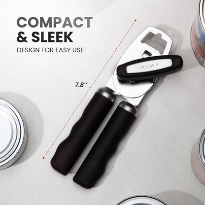 Zulay Kitchen Heavy Duty Stainless Steel Can Opener Manual with Bottle Opener - Rust Proof Manual Can Opener With Turn Knob & Comfy Soft Grip Handles - Black