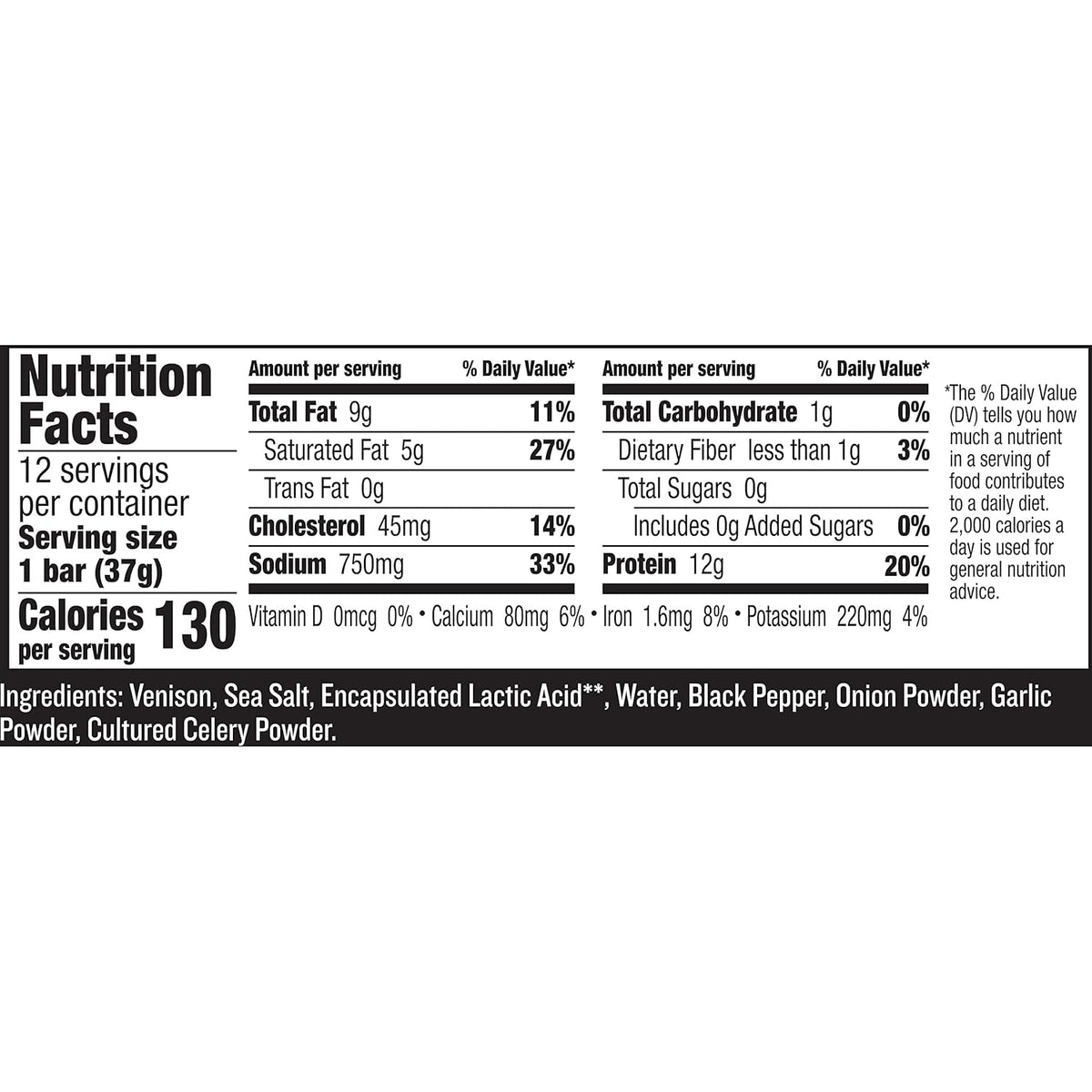venison sea salt and pepper bars, keto friendly, whole30 approved, gluten free, 12 count, 15.6 oz