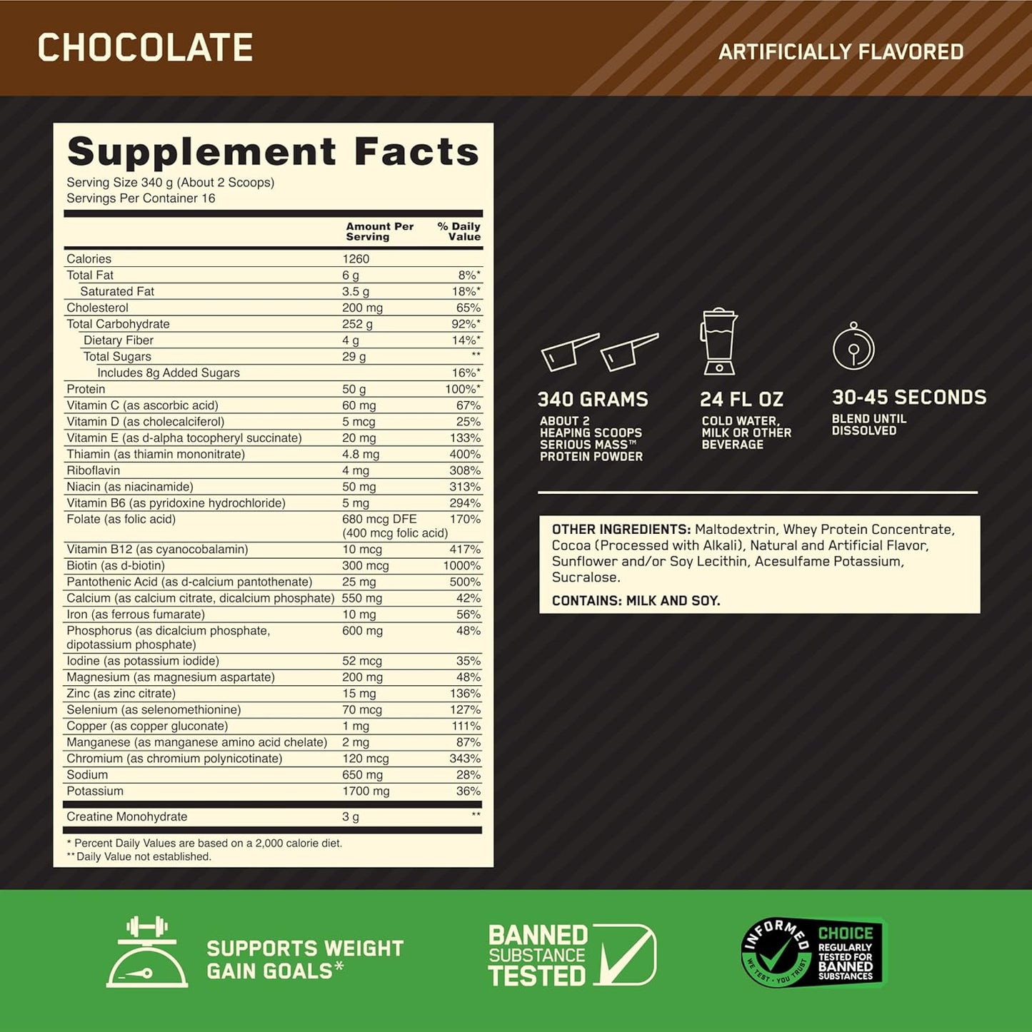 Optimum Nutrition Serious Mass, Weight Gainer Protein Powder, Mass Gainer, Vitamin C and Zinc for Immune Support, Creatine, Chocolate, 12 Pound (Packaging May Vary)