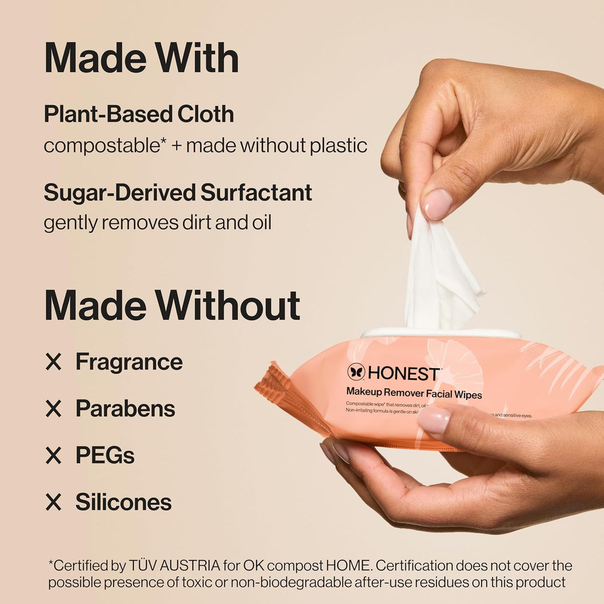 honest beauty fragrance-free makeup remover wipes, 30 count, plant-based, hypoallergenic