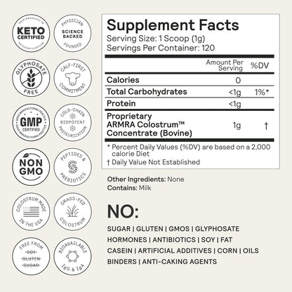 ARMRA Colostrum Powder | Unflavored | Gut Health & Bloating | Skin & Hair | Immunity | Keto, Gluten & Fat-Free | 120 Servings