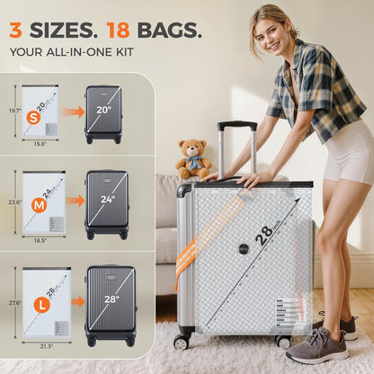 Nicetree 18-Pack Vacuum Seal Bags with Rechargeable Wireless Pump | 3 Sizes (20/24/28 Inch) Travel Vacuum Storage Bags for Clothing, Bedding & Seasonal Storage | Space Saver for Luggage