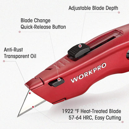 WORKPRO Premium Utility Knife, Retractable All Metal Heavy Duty Box Cutter, Quick Change Blade Razor Knife, with 10 Extra Blades