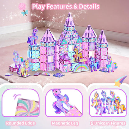 GobiDex 100PCS Unicorn Magnetic Tiles with 6 Unicorns, Princess Castle Unicorn Toys for Girls Age 4-6, Magnetic Building Blocks Toys for 3 4 5 Year Old Girl Birthday Gifts