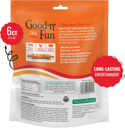 Good ‘n’ Fun Triple Flavor Rolls for Large Dogs, Treat Your Dog to Long-Lasting Chews Made with Real Beef Hide and Chicken, 6 Count