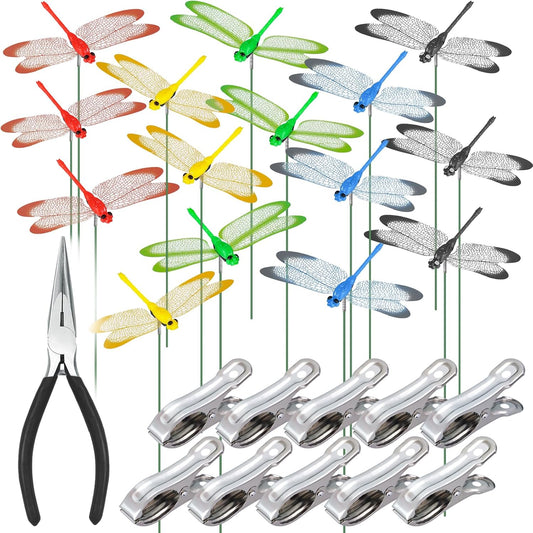 NiHome 15PCS Decorative Dragonflies with 10 Clips Decor for Garden, 9.8" Long Multicolor Waterproof Outdoor & Indoor Use, Versatile Clip-On Plant Decoration, Includes Pliers for Easy Attachment