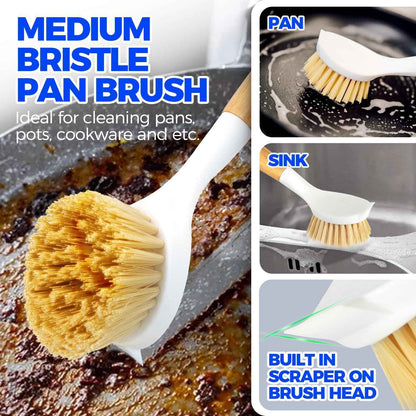 Holikme 3 Pack Dish Brush Set with Bamboo Handle, Kitchen Brushes for Cleaning Pot, Sink and Stove
