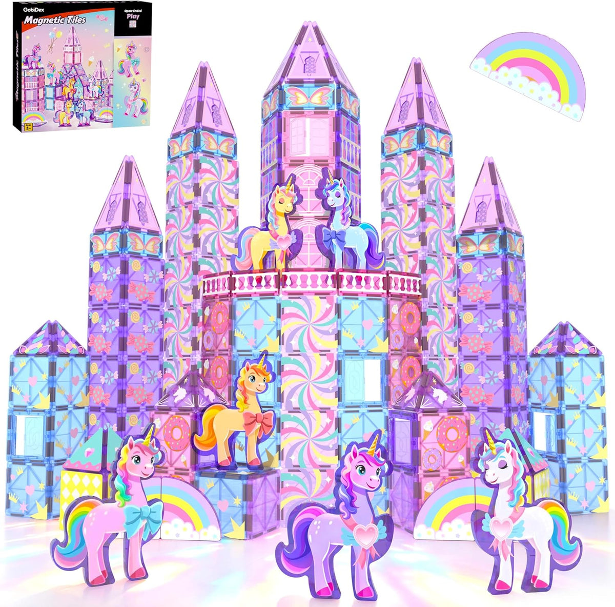 GobiDex 100PCS Unicorn Magnetic Tiles with 6 Unicorns, Princess Castle Unicorn Toys for Girls Age 4-6, Magnetic Building Blocks Toys for 3 4 5 Year Old Girl Birthday Gifts