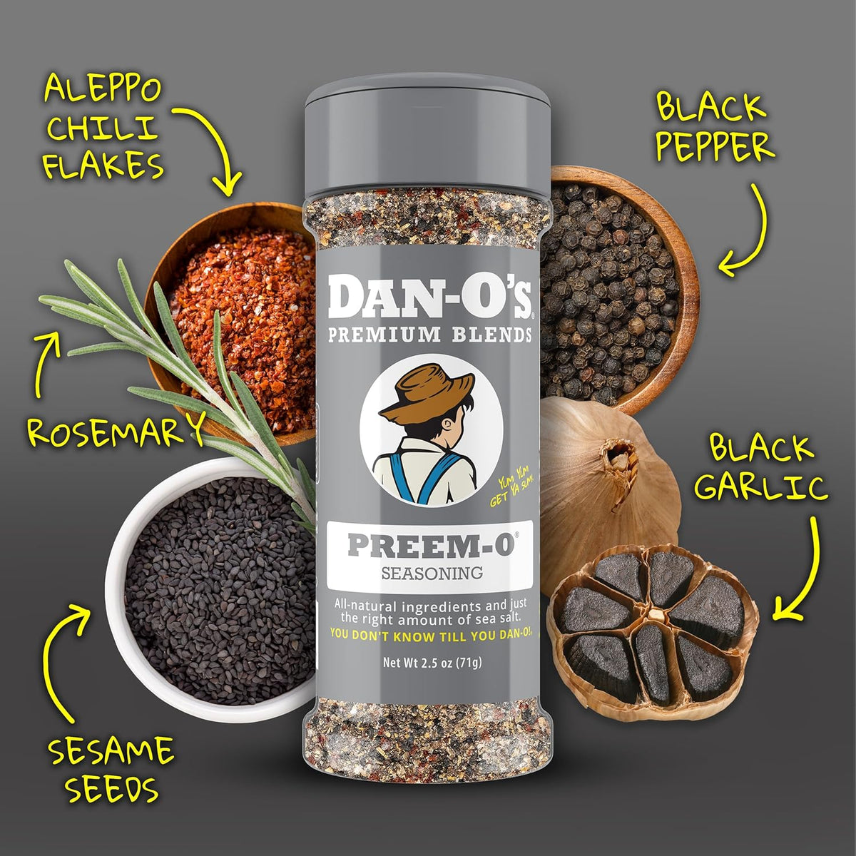 Dan-O's Preem-O Seasoning 2.5 oz, Meat Seasoning for Steak, Ribs, Chicken, Brisket, Sugar Free, Zero Calorie