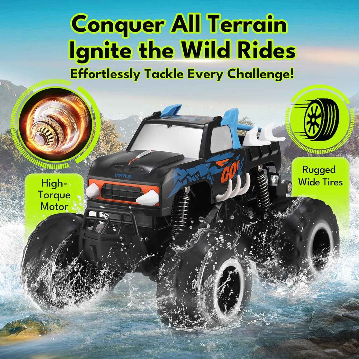 threeking 1:16 scale waterproof monster truck rc car 4wd all terrain pickup toy