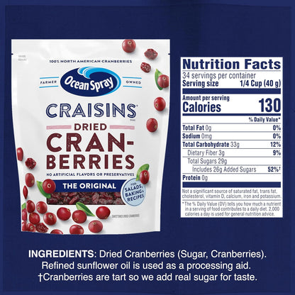 ocean spray craisins original dried cranberries, 48 oz, peanut-free and gluten-free, 100% natural