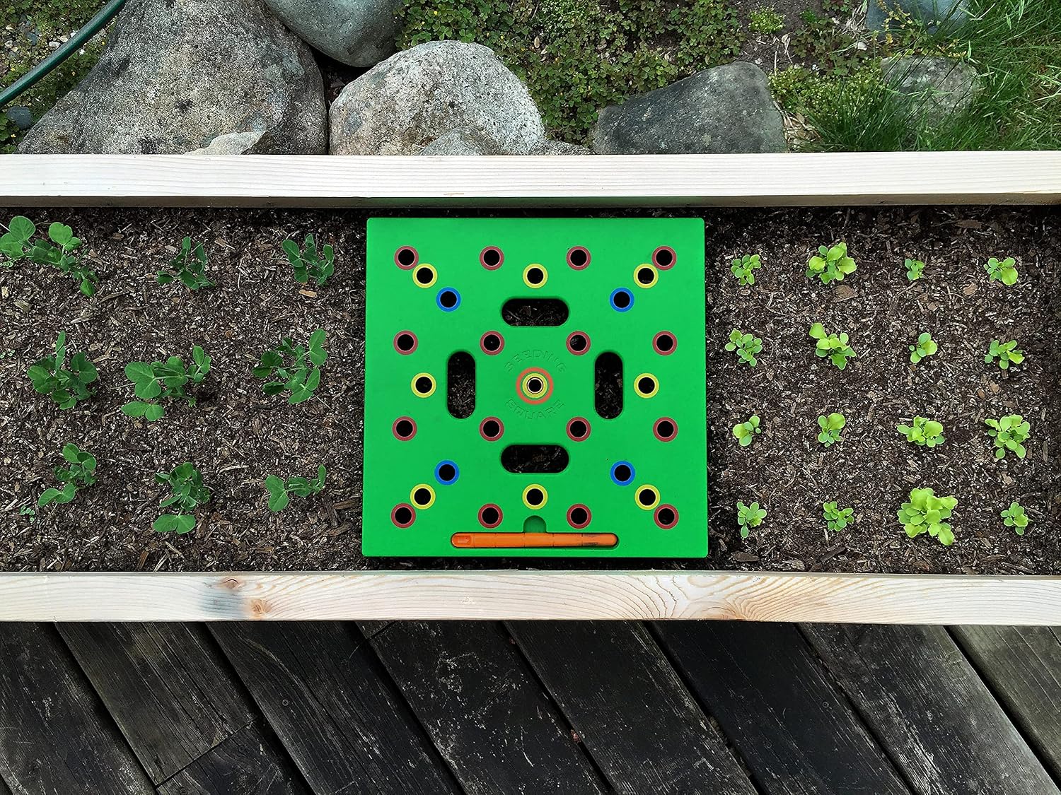 Seeding Square - Patented Seed and Seedling Spacer Tool for Bigger Harvests, Organized Plants & Fewer Weeds – Color-Coded Gardening Template with Dibber, Seed Spoon, Ruler & Planting Guide
