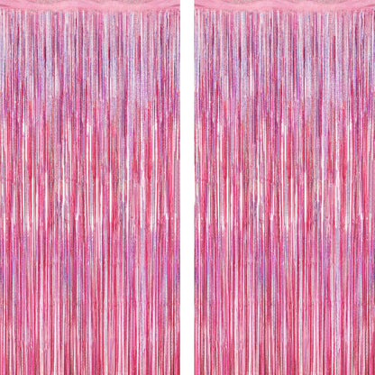 2 Pack Glitter Pink Backdrop, 3.28 FT x 7.05 FT Birthday Party Decorations, Laser Pink Fringe Curtains Foil Streamer Tinsel, Pink Curtains Photo Backdrop Happy Birthday Valentines Day Backdrop